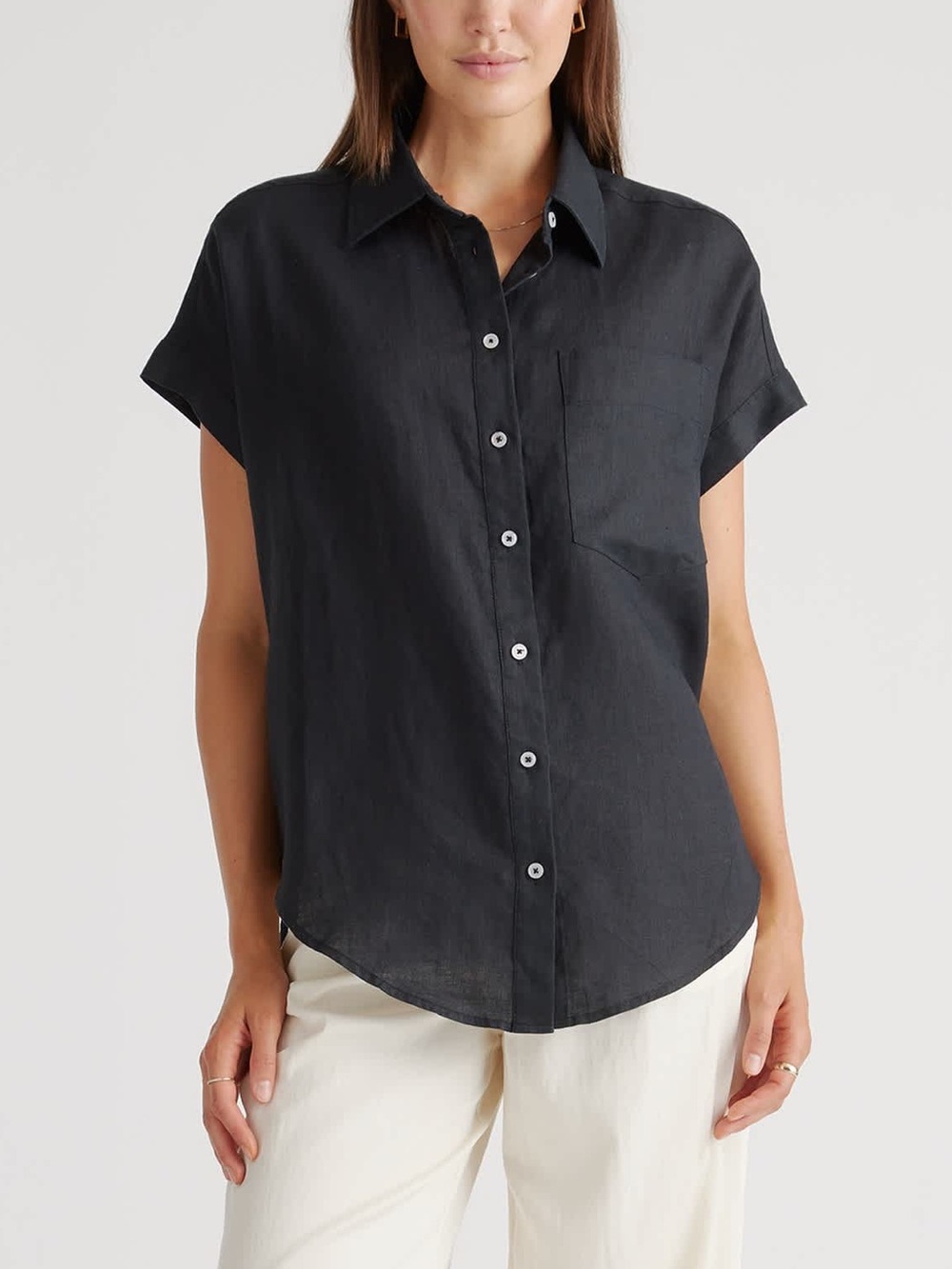 Quince 100% European Linen Shirt Black Short-Sleeve Button-Up Shirt Oversized